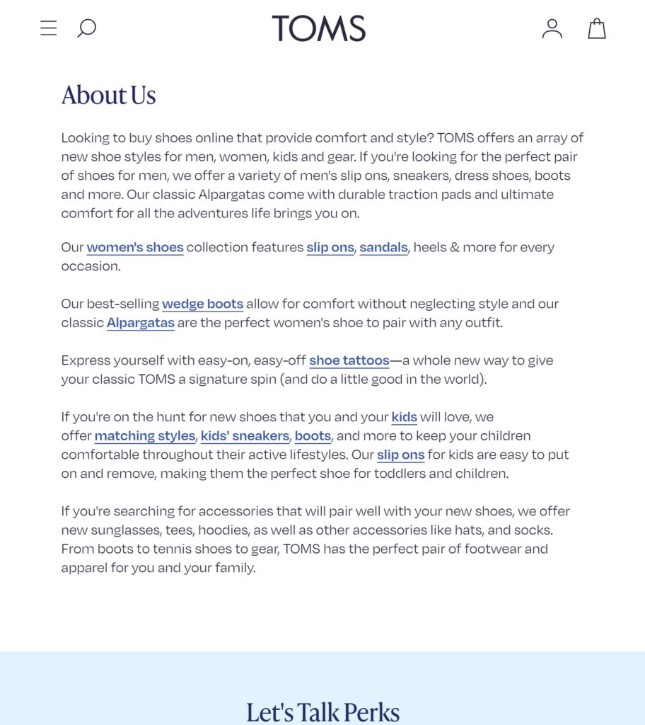 TOMS shows how mastering storytelling is essential for impactful eCommerce copywriting.